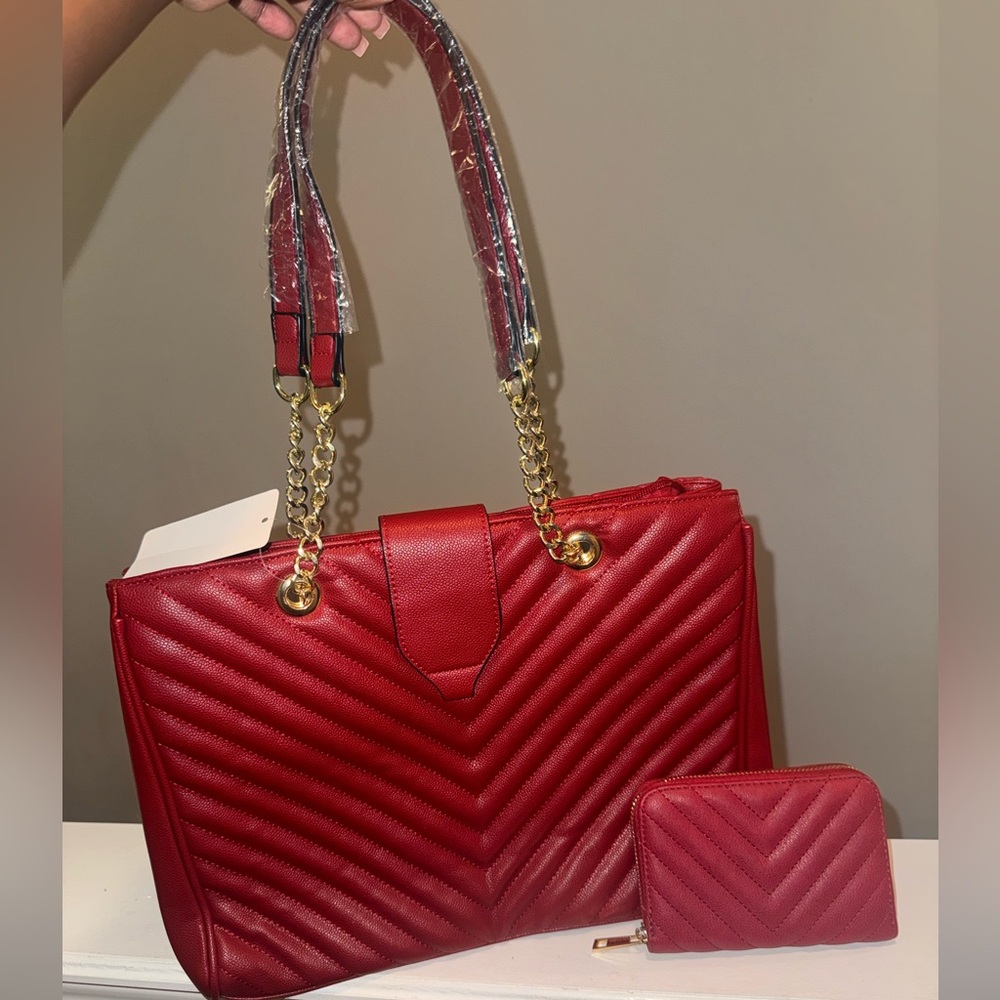Quilted Red Tote Bag with Matching Wallet